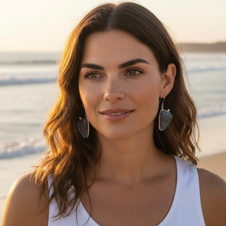 Sapphire Diamond Edge earrings worn at the beach