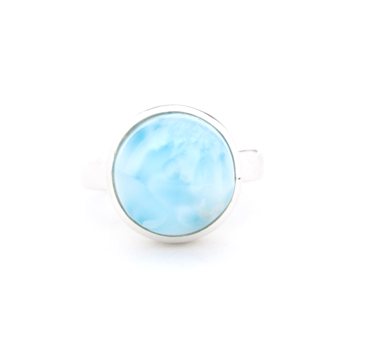 Round Larimar ring with oval blue-and-white gemstone