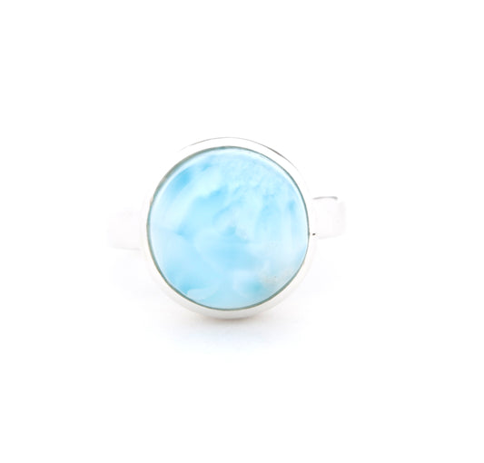 Round Larimar ring with oval blue-and-white gemstone