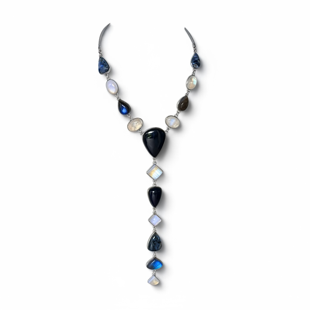 Eclipse Meridian extended Y necklace with black onyx, labradorite, moonstone, and Namibian pietersite