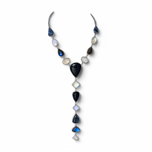 Eclipse Meridian extended Y necklace with black onyx, labradorite, moonstone, and Namibian pietersite
