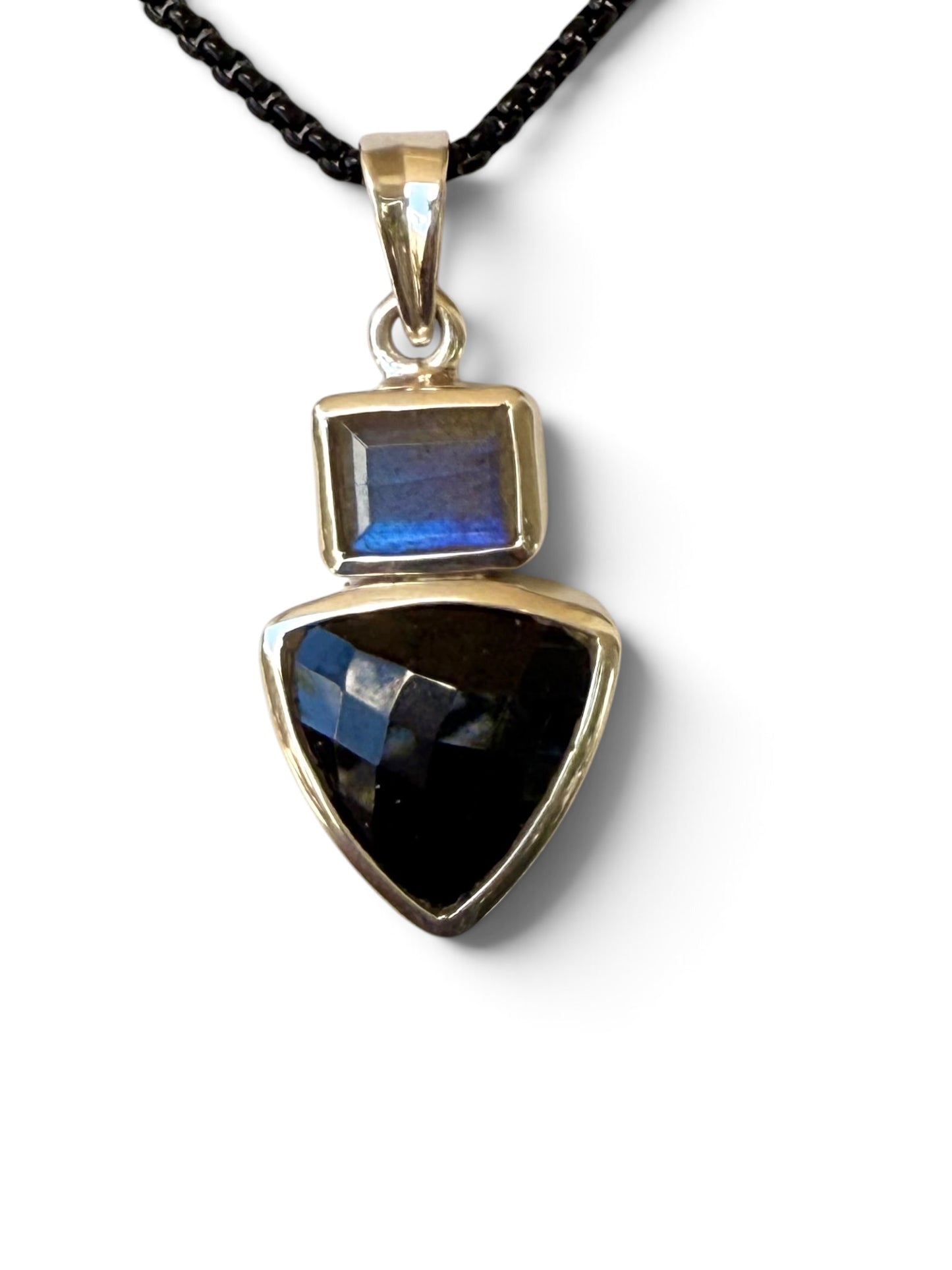 Black Mystic sterling silver pendant with rectangular labradorite and trillion-cut black spinel