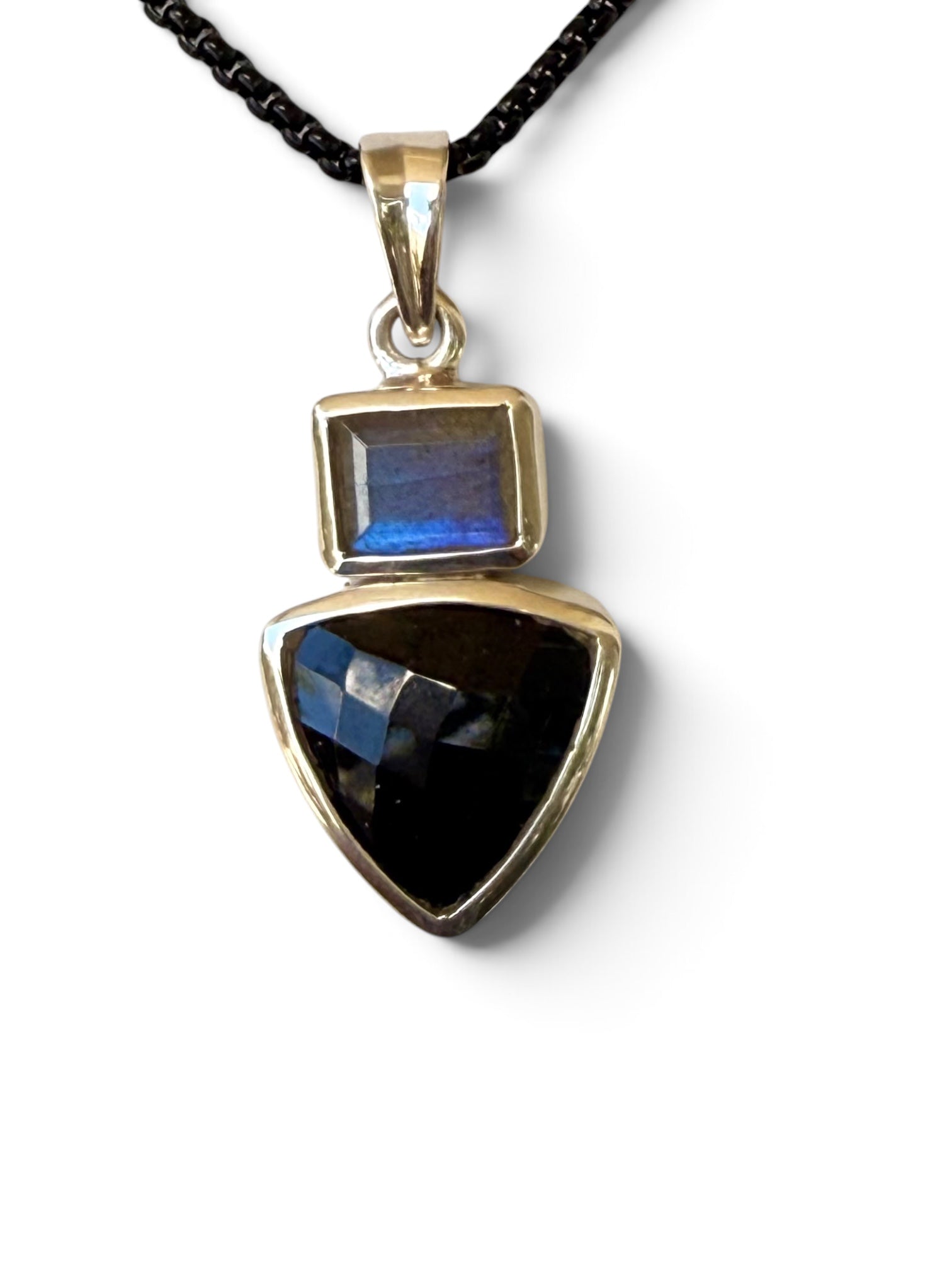 Black Mystic sterling silver pendant with rectangular labradorite and trillion-cut black spinel