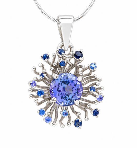 Coral Tanzanite pendant in 18K palladium white gold