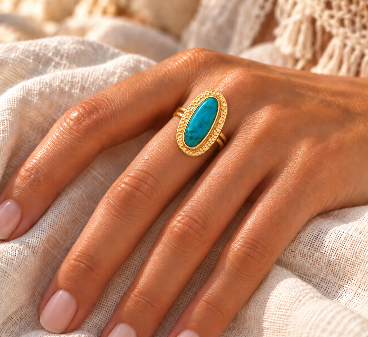 Gem Silica ring worn near the base of the ring finger