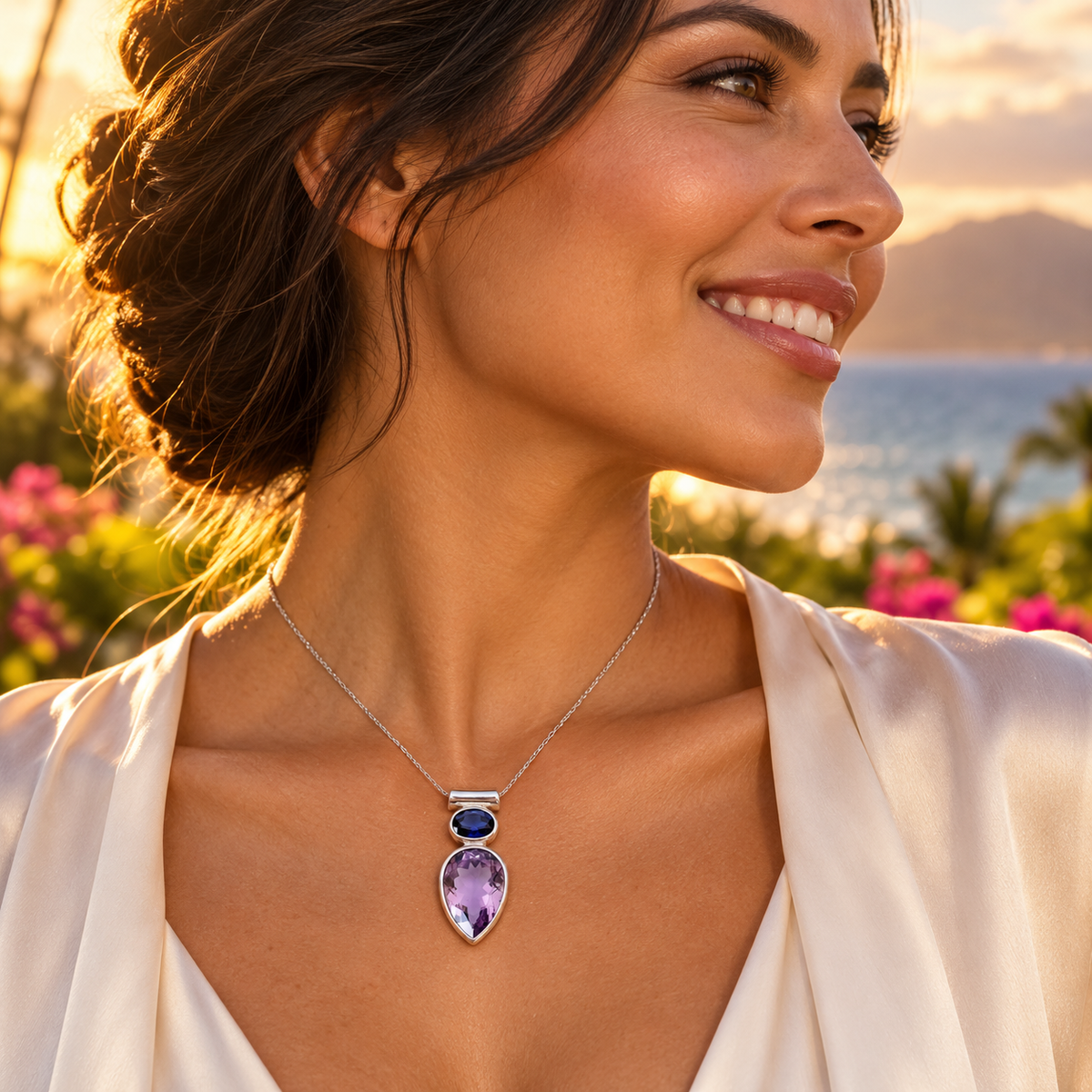 Indigo Amethyst Femme pendant worn by a smiling Latina model in profile