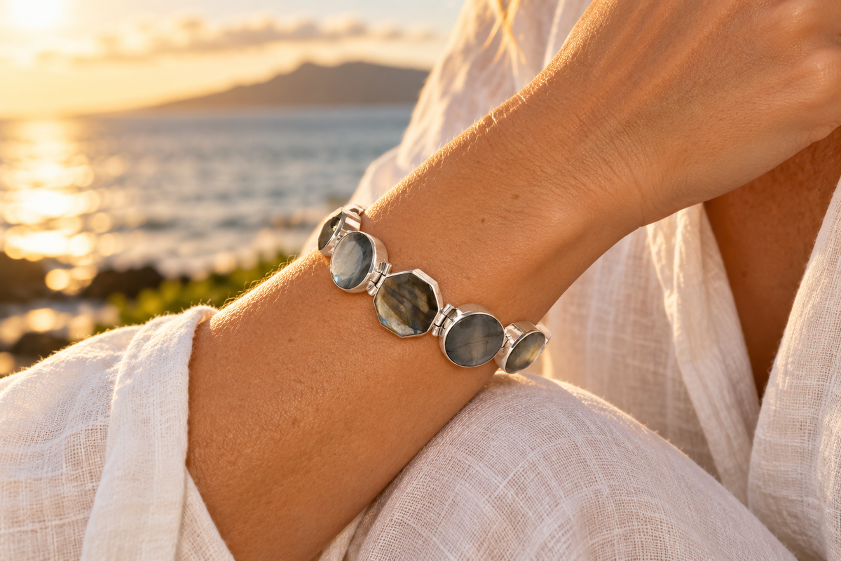 Infinite Dream labradorite bracelet worn at sunset in Maui