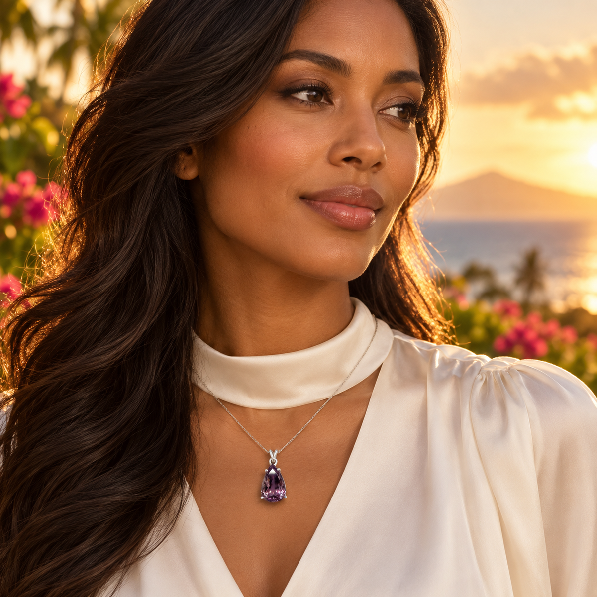 Princess Amethyst Drop Queen pendant worn by a brown-skinned model
