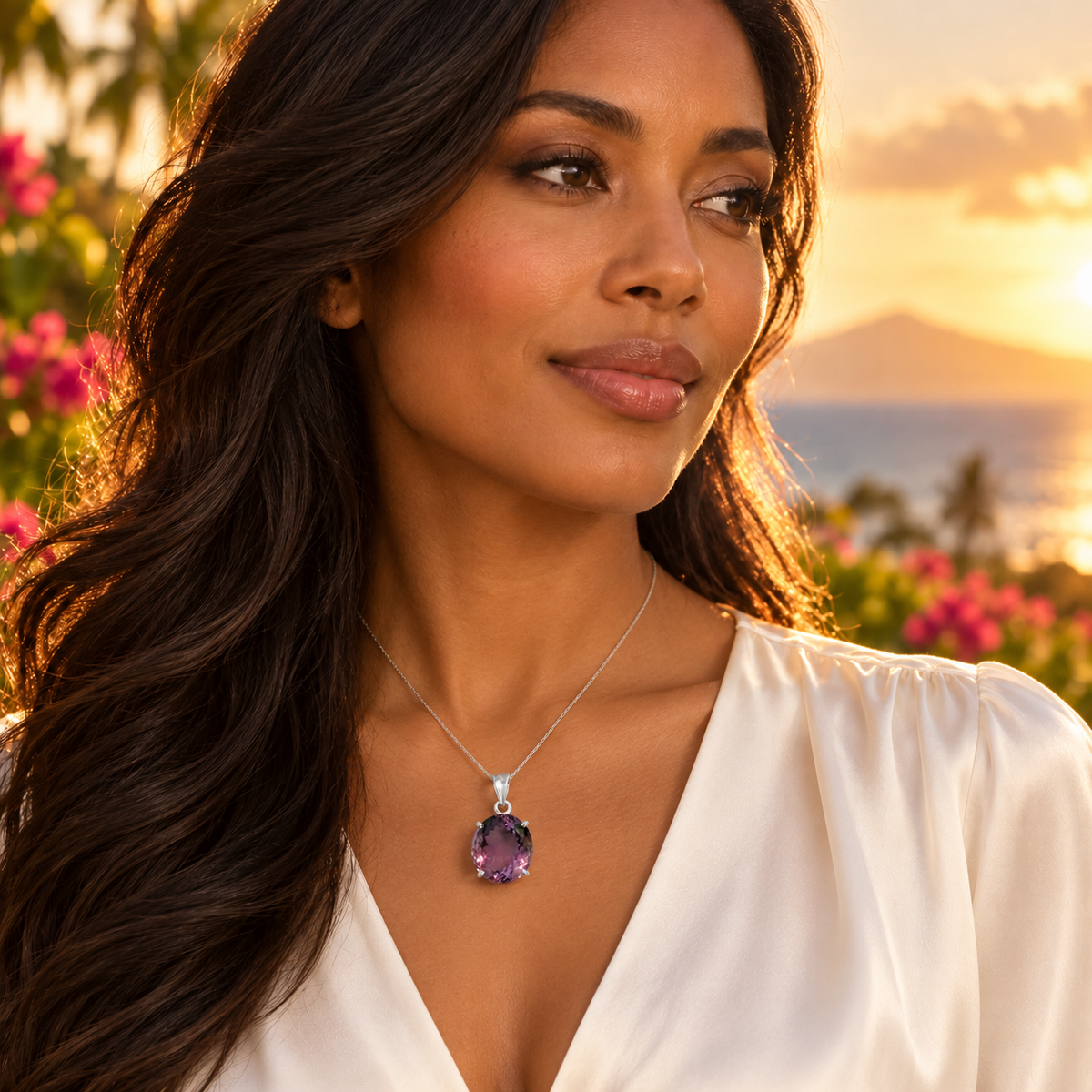 Princess Amethyst Oval Queen pendant worn by a brown-skinned model