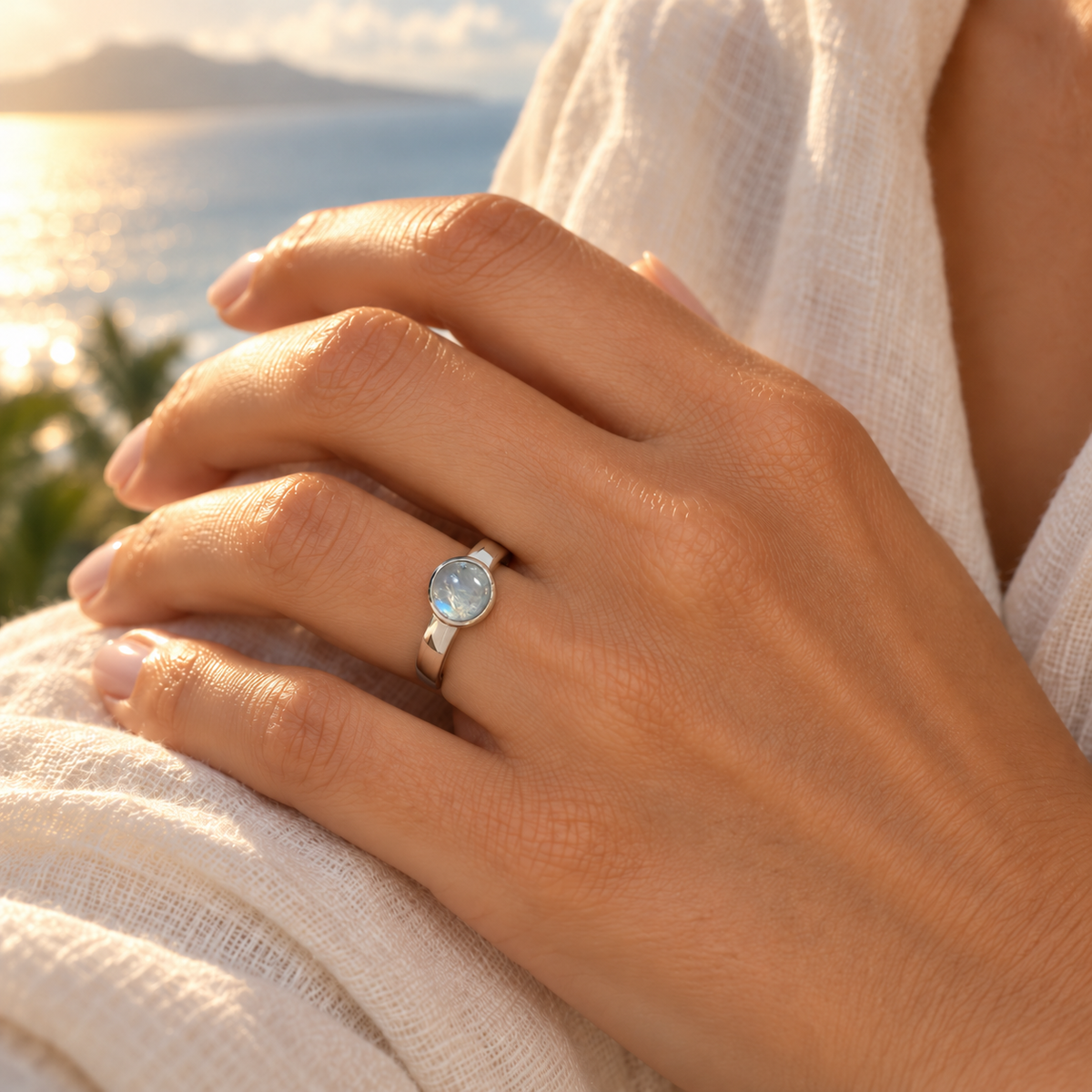 Silver moonstone ring worn in warm Maui light