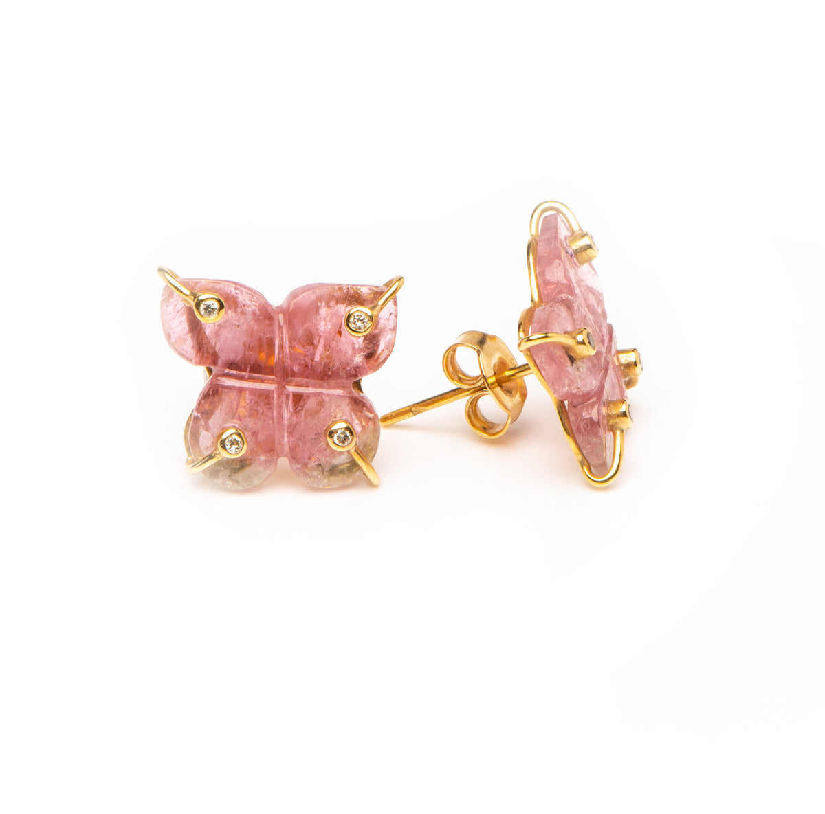 Watermelon tourmaline butterfly stud earrings in 18K yellow gold